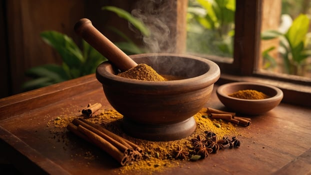 A wooden mortar and pestle with spices, surrounded by cinnamon sticks and a small bowl of powder. photo