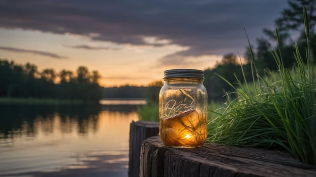 A glowing jar on a wooden post by a serene lakeside at sunset. photo