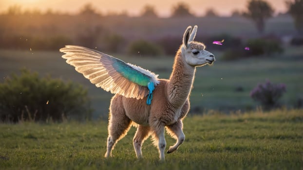 A whimsical creature combining a llama and bird wings in a vibrant landscape at sunset. photo