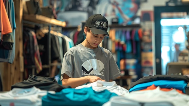 This teenager is focused on sorting and organizing clothes in a trendy retail shop during daytime. photo