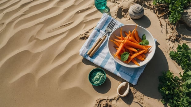 A plate of vibrant carrots with dips on a sandy surface, suggesting a picnic setting. photo