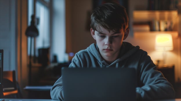 This teenager sits at a desk, concentrating on his laptop, immersed in work during the evening. photo