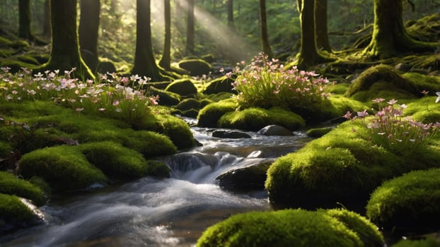 A serene forest scene with a gentle stream and blooming flowers amidst lush moss. photo