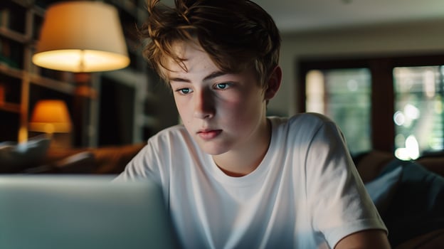This teenager concentrated on his laptop screen, engaging in tasks that promote independence. photo