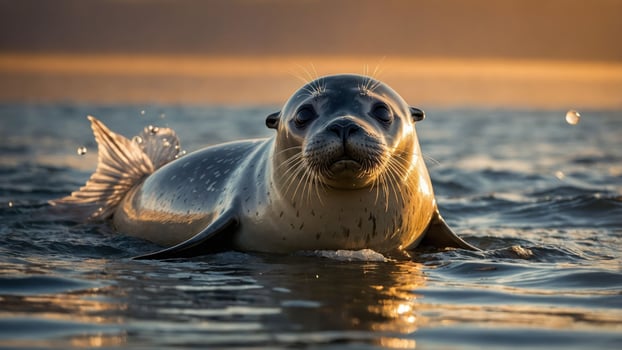 A close-up of a seal swimming in calm waters during sunset. photo