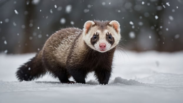 A ferret stands in the snow, surrounded by falling snowflakes. photo