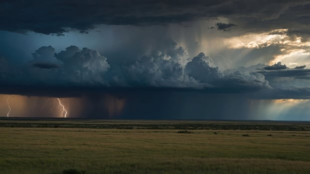 Dramatic storm clouds with lightning over a grassy landscape. photo