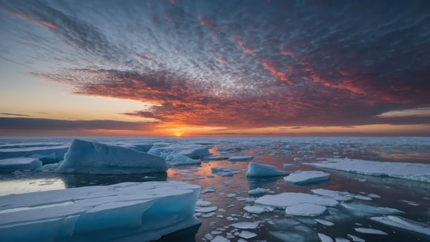 A serene sunset over an icy landscape, reflecting vibrant colors on the water. photo