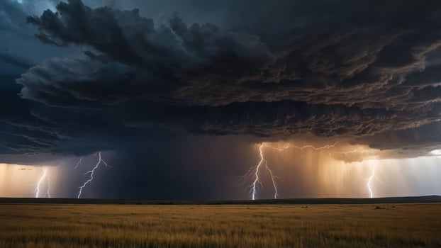 A dramatic storm scene with dark clouds, lightning, and a vast grassland. photo
