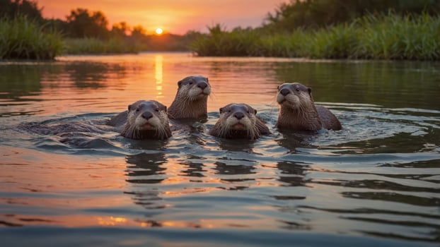 Four otters swimming together at sunset, creating a serene and playful scene. photo