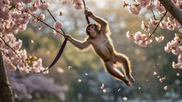 A playful monkey swings from a branch adorned with blooming cherry blossoms. photo