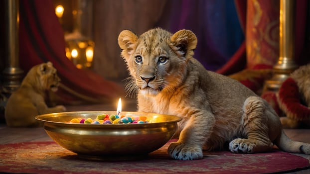 A young lion cub gazes curiously at a bowl of colorful treats beside a flickering candle. photo