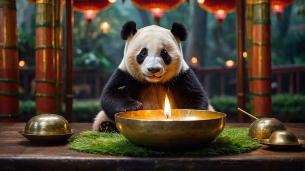 A panda sits at a table with a glowing bowl, surrounded by a serene environment. photo
