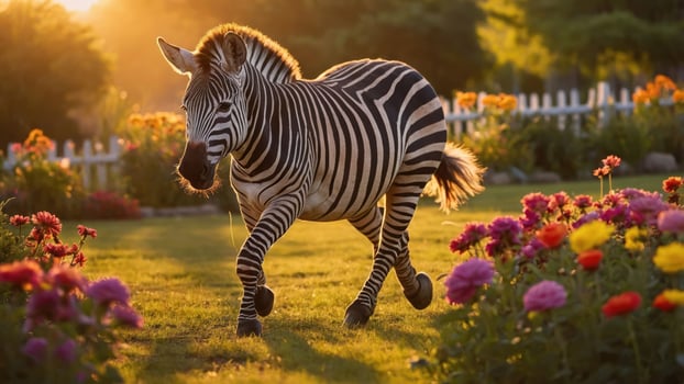 A zebra trots through a vibrant flower garden during sunset, creating a serene scene. photo
