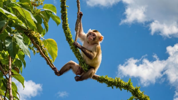 A monkey hangs from a vine against a bright blue sky, showcasing its playful nature. photo