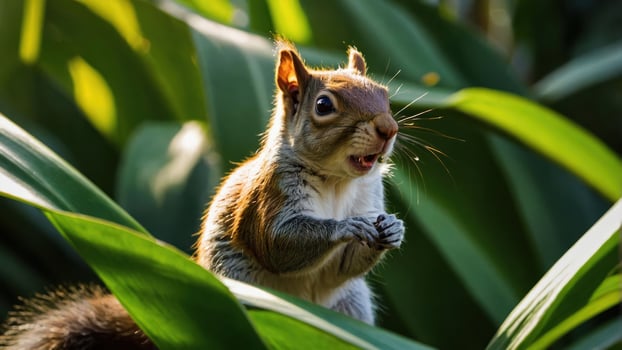 A squirrel among green leaves, showcasing nature's beauty and wildlife. photo