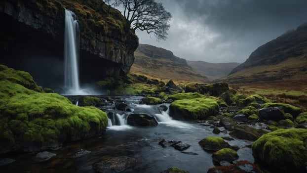 A serene waterfall cascades through a mossy landscape under a dramatic sky. photo