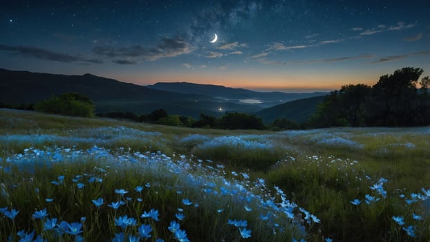A serene landscape at dusk, featuring a field of blue flowers under a crescent moon. photo