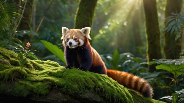 A red panda stands on moss in a lush, sunlit forest, showcasing its vibrant fur and playful nature. photo