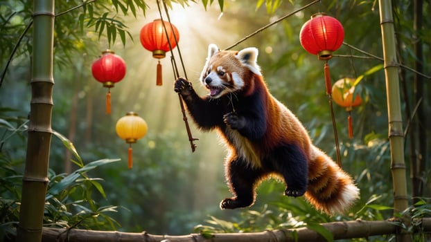 A playful red panda swings through a bamboo forest adorned with lanterns. photo