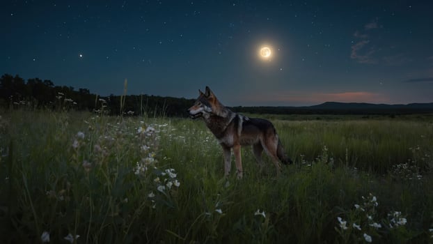 A dog stands in a field under a starry night sky with a bright moon. photo
