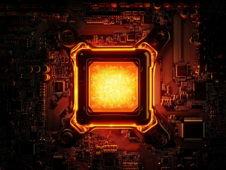 Glowing core of a computer chip illuminated in warm colors photo