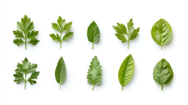 Various herbs and leaves on a white background photo