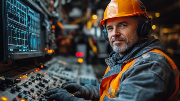 Dedicated operator works at the control panel of mining machinery, ensuring smooth operations for extraction and excavation activities in a bustling industrial environment. photo