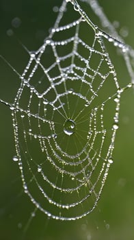 Dew Drops Adorn Spiderweb Nature Scene Green Background photo