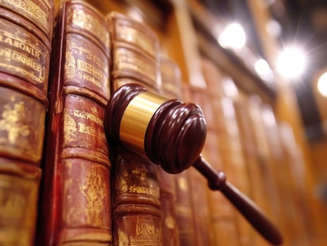 Gavel placed on antique law books in a library setting photo