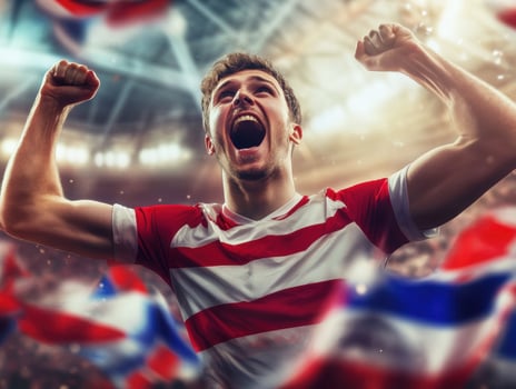 Excited fan celebrates victory in a sports stadium during a match photo