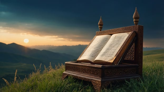 Open Book on Stand Outdoors with Mountain View at Sunset photo