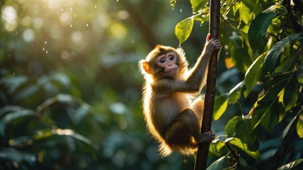 Monkey Climbing Tree in Forest with Sunlight and Raindrops photo