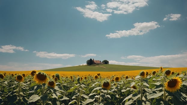 Sunflower Field with Farmhouse on a Hill Under Cloudy Blue Sky photo