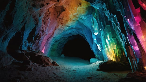Exploring a Colorful Crystal Cave Interior with Striking Formations Glowing photo