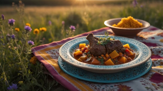 Serving Delicious Stew with Meat and Vegetables Outdoors in Golden Light photo
