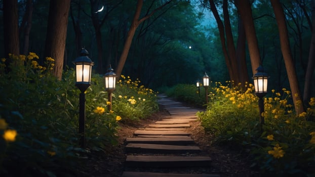 Walking Path Illuminated by Lanterns Through a Forest at Night photo