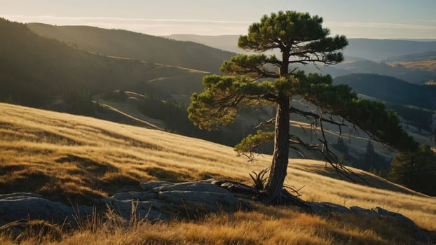 Lone Tree Standing on Hillside with Golden Grass in Mountain Landscape photo