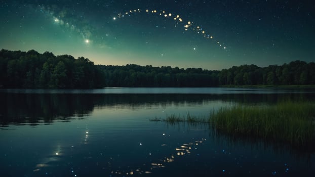 Still Lake Reflecting Starry Night Sky and Forest Landscape photo