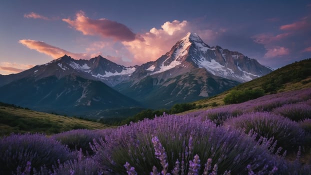 Lavender Field with Snow-capped Mountain Range at Dusk Scenery photo