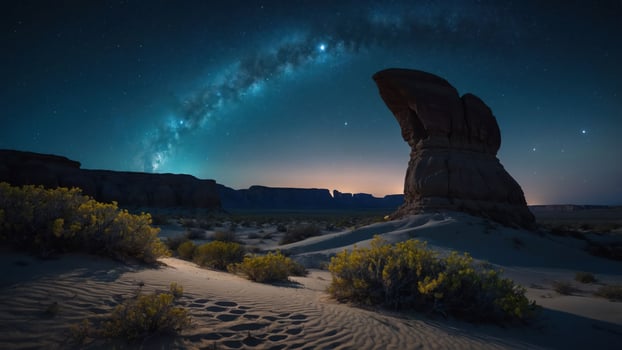 Desert Rock Formation Under Starry Sky at Night Landscape View photo