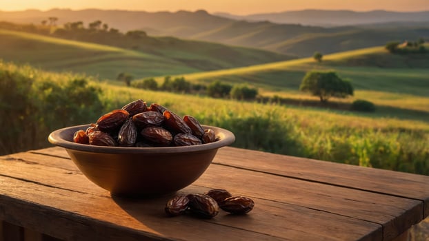 Dates in Bowl on Wood Table with Rolling Hills Backdrop photo