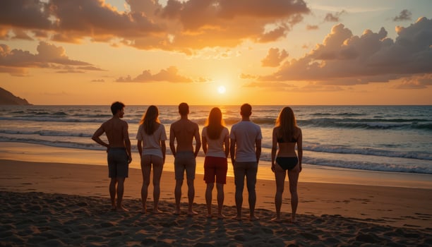 Silhouetted Friends Watching Sunset on Tropical Beach photo