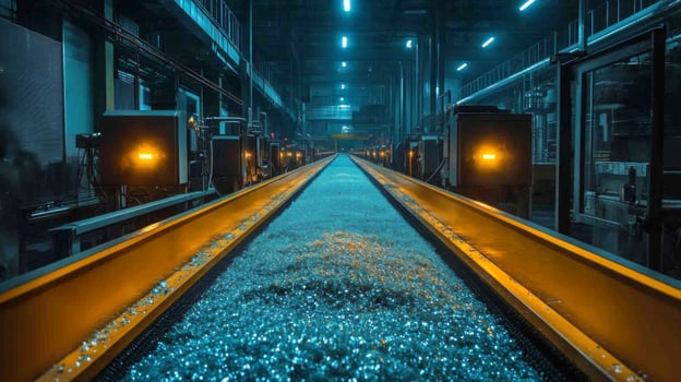 Inside a manufacturing facility, a conveyor belt carries raw materials towards processing machines. The workspace is illuminated by artificial lights, highlighting the extensive infrastructure. photo