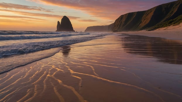 Waves Washing Ashore at Sunset on Beach with Rock Formations photo