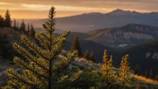 Evergreen Tree in Mountain Landscape with Golden Sunset Sky photo