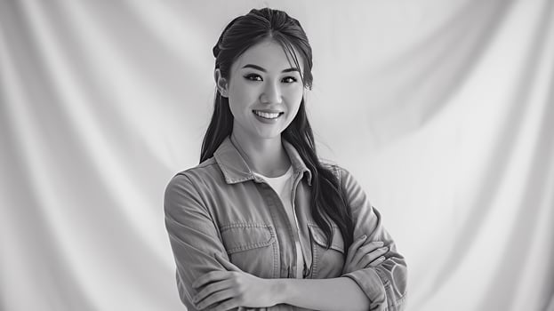 Confident young woman with arms crossed monochrome portrait against a soft textured background photo