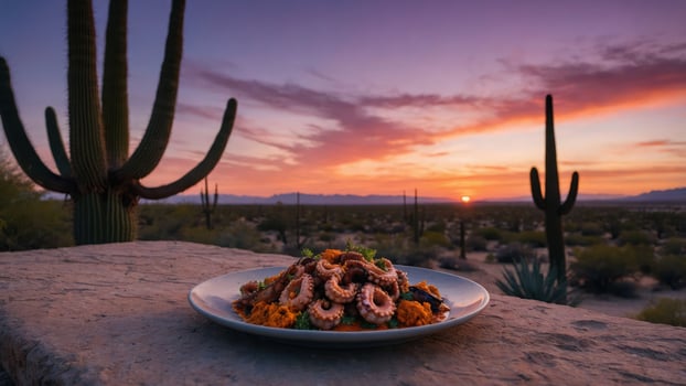 Grilled Octopus Dish Serving with Desert Sunset at Scenic Backdrop photo