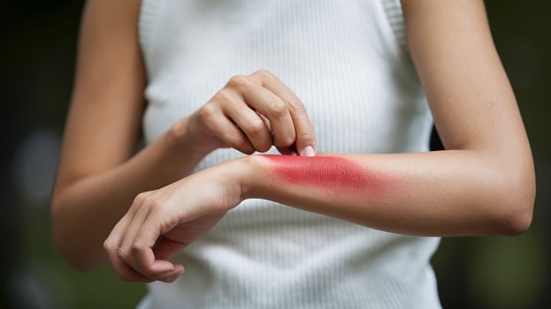 Woman gently touching a red irritated patch of skin on her forearm soft focus background photo