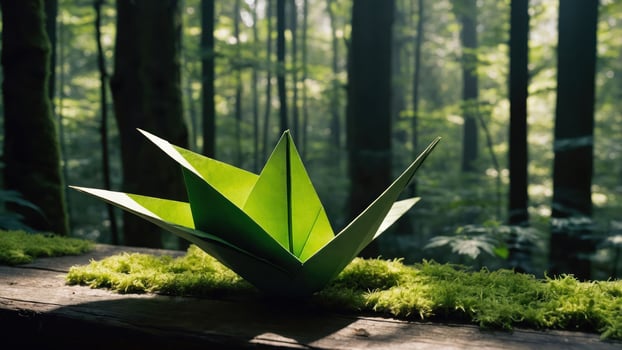 Origami Flower in Forest with Green Moss and Sunlight photo